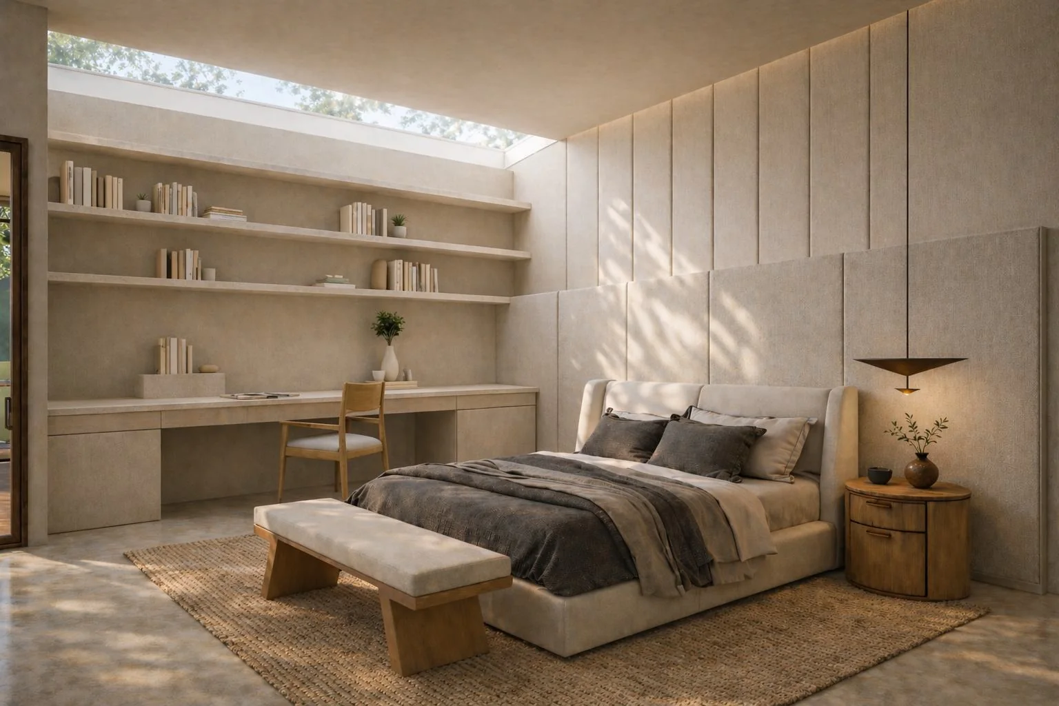 Concept render of a bedroom with a skylight, built-in plaster shelves and desk, and a bench at the bed's end
