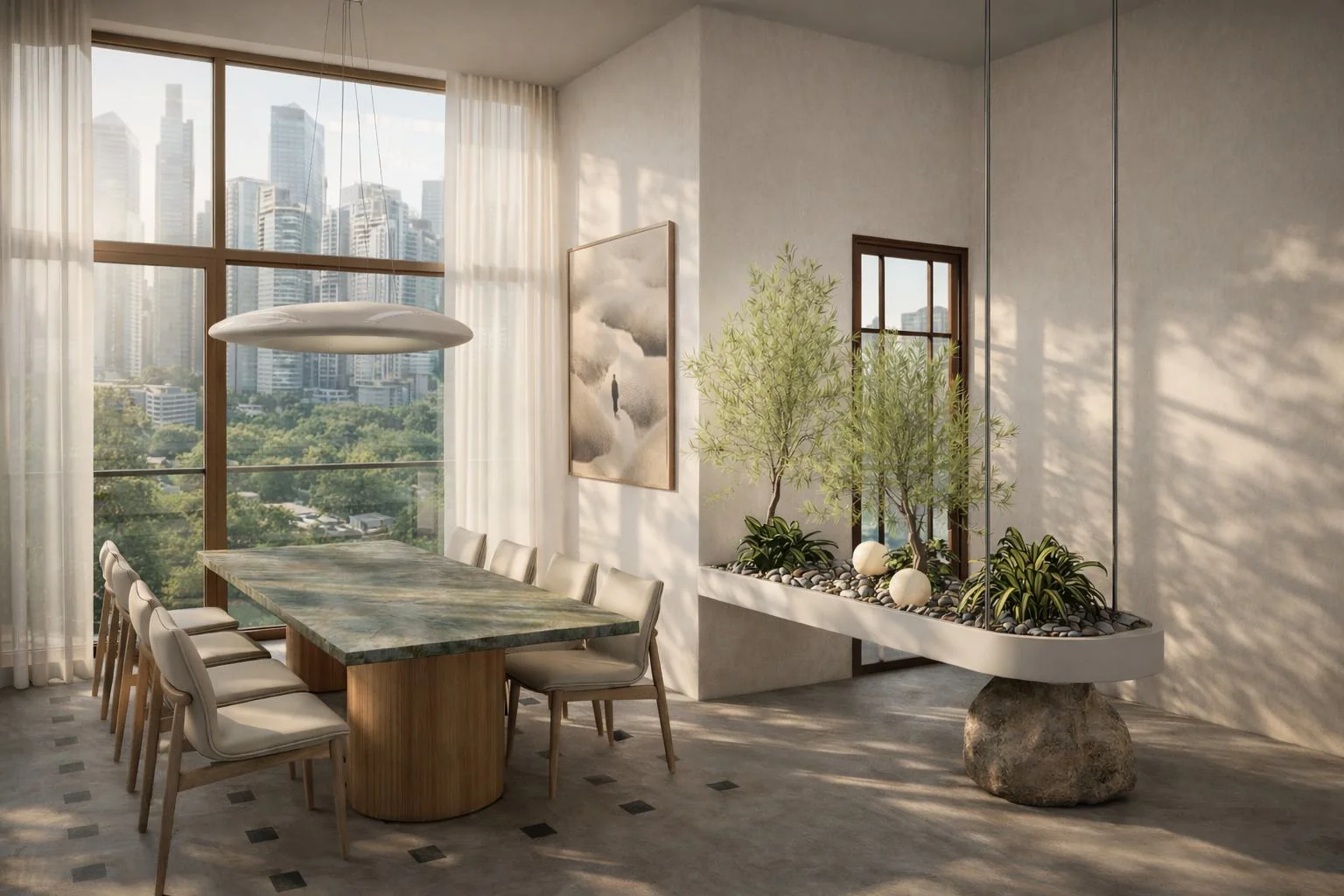 Concept render of a double-height dining room with a green marble table, boulder planter and skyline view