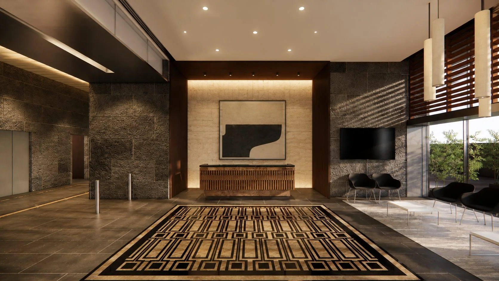 Concept render of a building lobby with stone walls, a patterned rug, reception counter and artwork