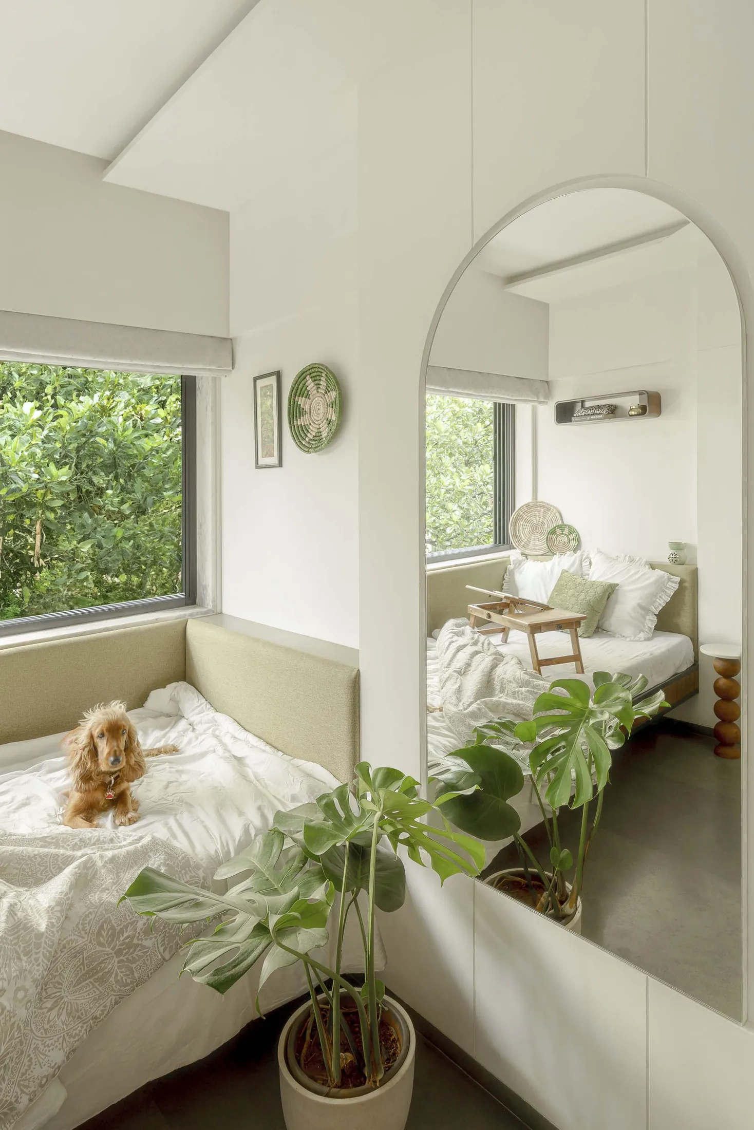 The Seed small bedroom with an arched full-length mirror, plant and green window seat