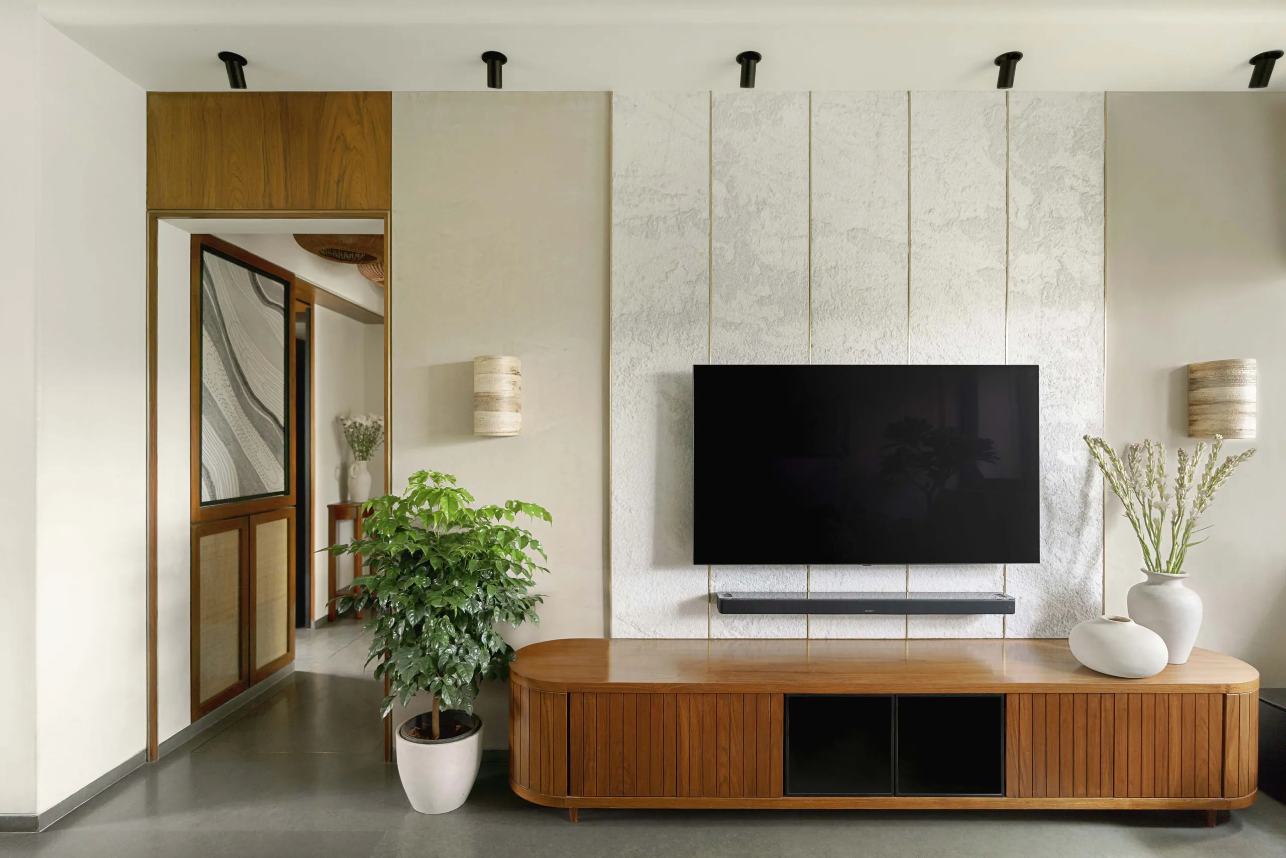 The Seed living room in Gamdevi with a TV on a lime-plaster wall, a teak console and plants